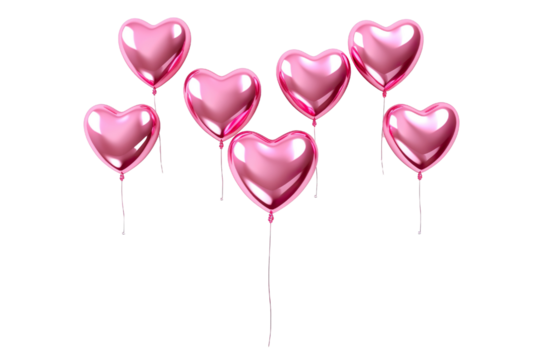Pink flying glossy foil heart balloons, white background PNG