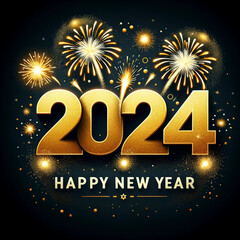 featuring a festive New Year's theme with "2024" in gold numerals, fireworks, and the text "Happy New Year".  Created Using generative AI tools