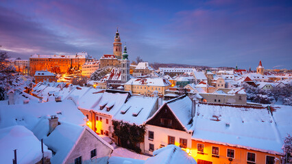 Cesky Krumlov, Czech Republic. Aerial cityscape image of Cesky Krumlov, Czech Republic at beautiful winter sunset. - obrazy, fototapety, plakaty