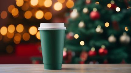 Paper cup with coffee сlose up. Green coffee cup. Christmas tree with lights on the background....