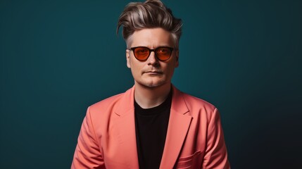 Stylish Male with a bright personality. Male portrait on dark color backgrounds. Sunglasses