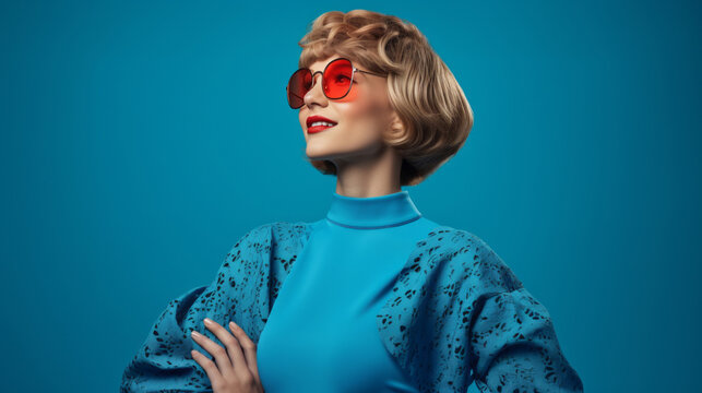 Stylish Female with a bright personality. Female portrait on blue background. Sunglasses
