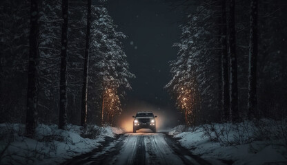 Small Carwith Lights Driving Trough the Darkness Winter Forest on Blurry Background