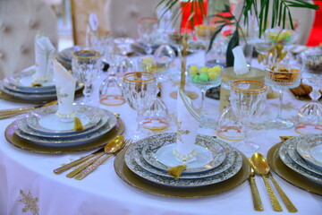 Wedding hall with decoration. Banquet hall for weddings, banquet hall decoration, atmospheric decor.