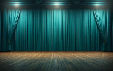 Elegant Cyan Theater Curtains with Wooden Stage