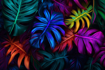 Colorful fluorescent color layout of tropical leaves. Generative AI.