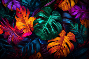 Colorful fluorescent color layout of tropical leaves. Generative AI.