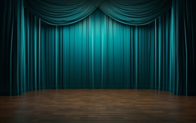 Elegant Cyan Theater Curtains with Wooden Stage
