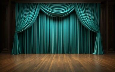 Elegant Cyan Theater Curtains with Wooden Stage