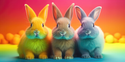 Three adorable bunnies in a gradient of sunrise hues pose before a backdrop that melts from warm orange to cool teal, encapsulating a dreamy dawn.