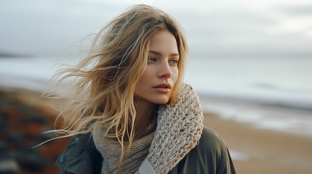 Stylish girl walks along the ocean coast on a cool autumn or winter day. Sand beach, windy weather. Beautiful woman on travel. Walk on the sea coastline. Amazing scenic outdoor view. Generated AI