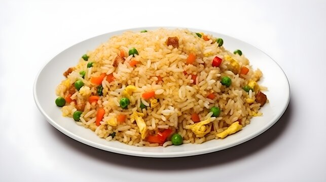 Close-up Portrait of delicious fried rice against white background, background image, generative AI