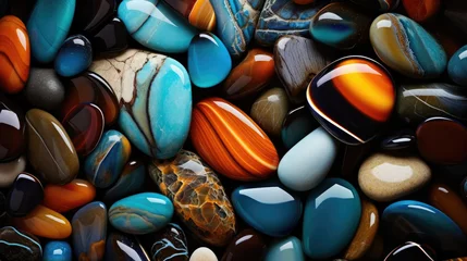  Vibrant assortment of polished gemstones with unique patterns and hues perfect for artistic projects. © Sascha