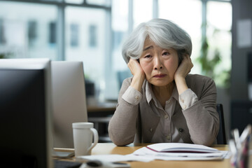 Obraz premium Worried senior Asian businesswoman at her desk with a troubled expression.