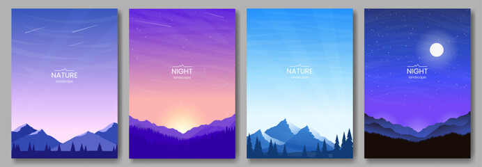 A set of posters for backgrounds, postcards, covers, wallpapers. Mountain landscapes, mountains and forest, night scene, sunset. Minimalistic vector images. Concept of tourism, mountain hiking.