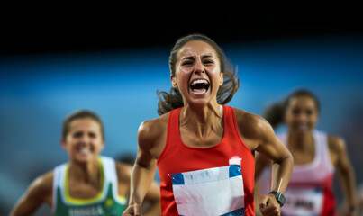 A female track and field athlete celebrating winning a sprint race at a sports event - obrazy, fototapety, plakaty