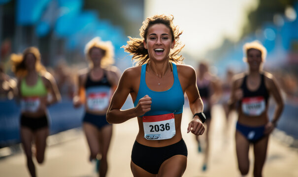 A female track and field athlete celebrating winning a sprint race at a sports event