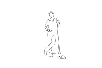 One line drawing of Cleaners and mops. Great team work concept. Trendy continuous line draw design graphic vector illustration
