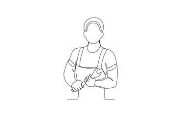 One line drawing of The male mechanic is holding a wrench. Great team work concept. Trendy continuous line draw design graphic vector illustration

