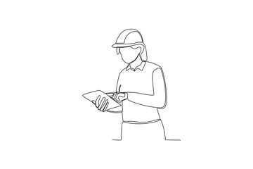 One line drawing of Female field worker looking at data on ipad. Great team work concept. Trendy continuous line draw design graphic vector illustration.
