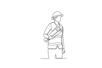 Obraz premium One line drawing of Female fieldworker with technical drawing scroll. Great team work concept. Trendy continuous line draw design graphic vector illustration. 