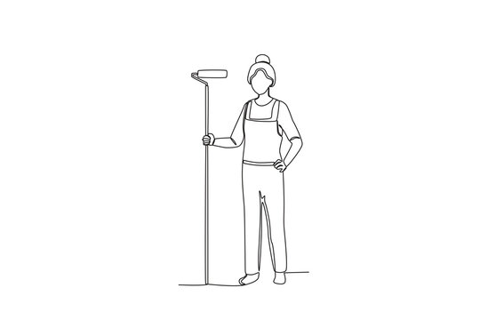 One line drawing of Female cleaning worker and paint tools. Great team work concept. Trendy continuous line draw design graphic vector illustration.
