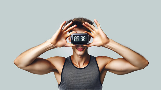Sleeping and resting time managment concept: man holding a alarm clok over his face