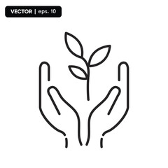 Hands holding soil with plant flat line icon. Vector thin sign of environment protection, ecology concept logo. Agriculture illustration.