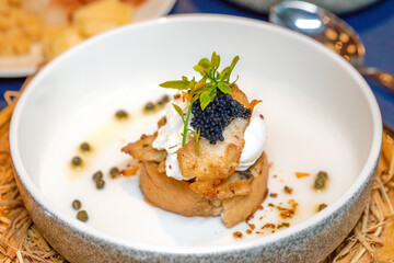 Gourmet appetizer with caviar and herbs on elegant porcelain. Culinary art and fine dining.
