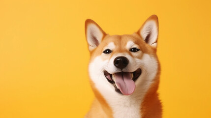 Captivating Portrait of a Smiling Shiba Inu Dog in a Cozy Yellow Orange Environment