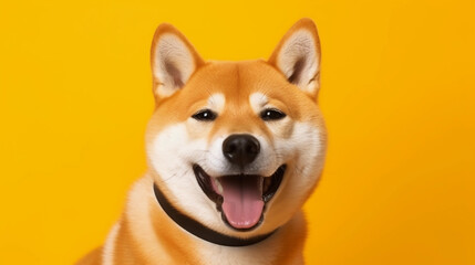 Captivating Portrait of a Smiling Shiba Inu Dog in a Cozy Yellow Orange Environment