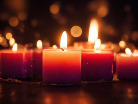 Many burning small candles on dark background, Group of burning candles on black background ai image 
