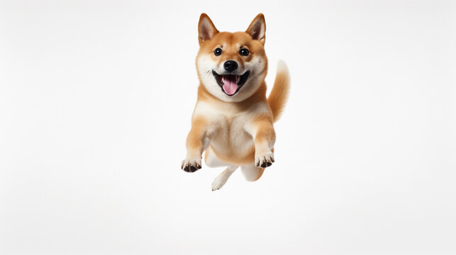 Shiba Inu dog is jumping on isolated on white background.