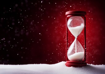 Sandglass with snow inside, on a red background, falling snow around. Countdown to Christmas...