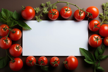 Background of ripe tomatoes and in the middle pure white piece of paper for text, texture. AI generative.