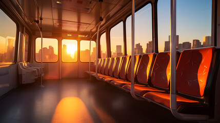 Empty city bus at dawn with the sun rising over the urban landscape in the background. - obrazy, fototapety, plakaty