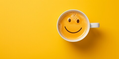 A top-down view of a cup of coffee with a smiley face on a yellow background.