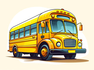 Illustration of a retro school bus in a clean and stylized design. Yellow in color. 