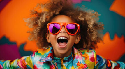 Happy smiling child in extravagant stylish neon clothes - obrazy, fototapety, plakaty