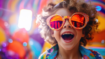 Happy smiling child in extravagant stylish neon clothes