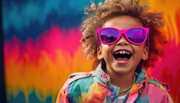 Happy smiling child in extravagant stylish neon clothes