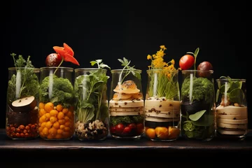 Fotobehang artistic arrangement of vegetarian dishes, promoting the beauty and health benefits of plant-based eating, photo, minimalistic cinematic style © forenna