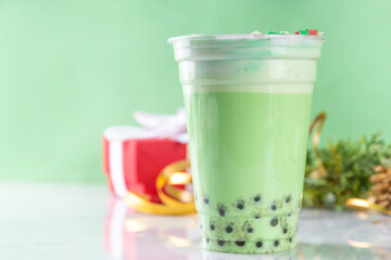 Green Christmas bubble tea drink