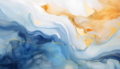Marbled blue and golden abstract background. Liquid marble ink pattern. abstract background with blue, yellow and white paint mixing in water - obrazy, fototapety, plakaty
