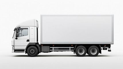 copy space, stockphoto,white delivery truck side view cargo truck advertising. Side view of a big white truck with an even light background. Copy space available. Template for transportation company.  - obrazy, fototapety, plakaty