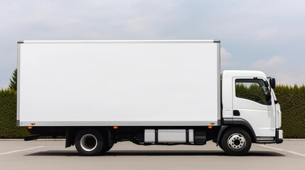 copy space, stockphoto,white delivery truck side view cargo truck advertising. Side view of a big white truck standing in the street. Copy space available. Template for transportation company. Transpo