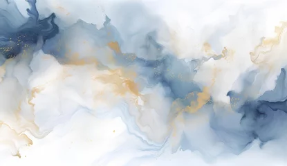 Gordijnen Marbled blue and golden abstract background. Liquid marble ink pattern. abstract background with blue, yellow and white paint mixing in water © Aleena