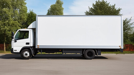 copy space, stockphoto,white delivery truck side view cargo truck advertising. Side view of a big white truck standing in the street. Copy space available. Template for transportation company. Transpo