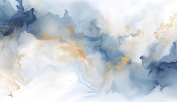 Marbled blue and golden abstract background. Liquid marble ink pattern. abstract background with blue, yellow and white paint mixing in water