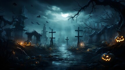 Happy Halloween Graveyard In The Spooky Night and church, Night full moon bats on the tree, Halloween pumpkin.